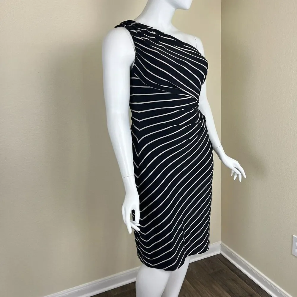 Lauren Ralph Lauren Women Size 16 Black Striped One Shoulder Ruched Sheath Dress